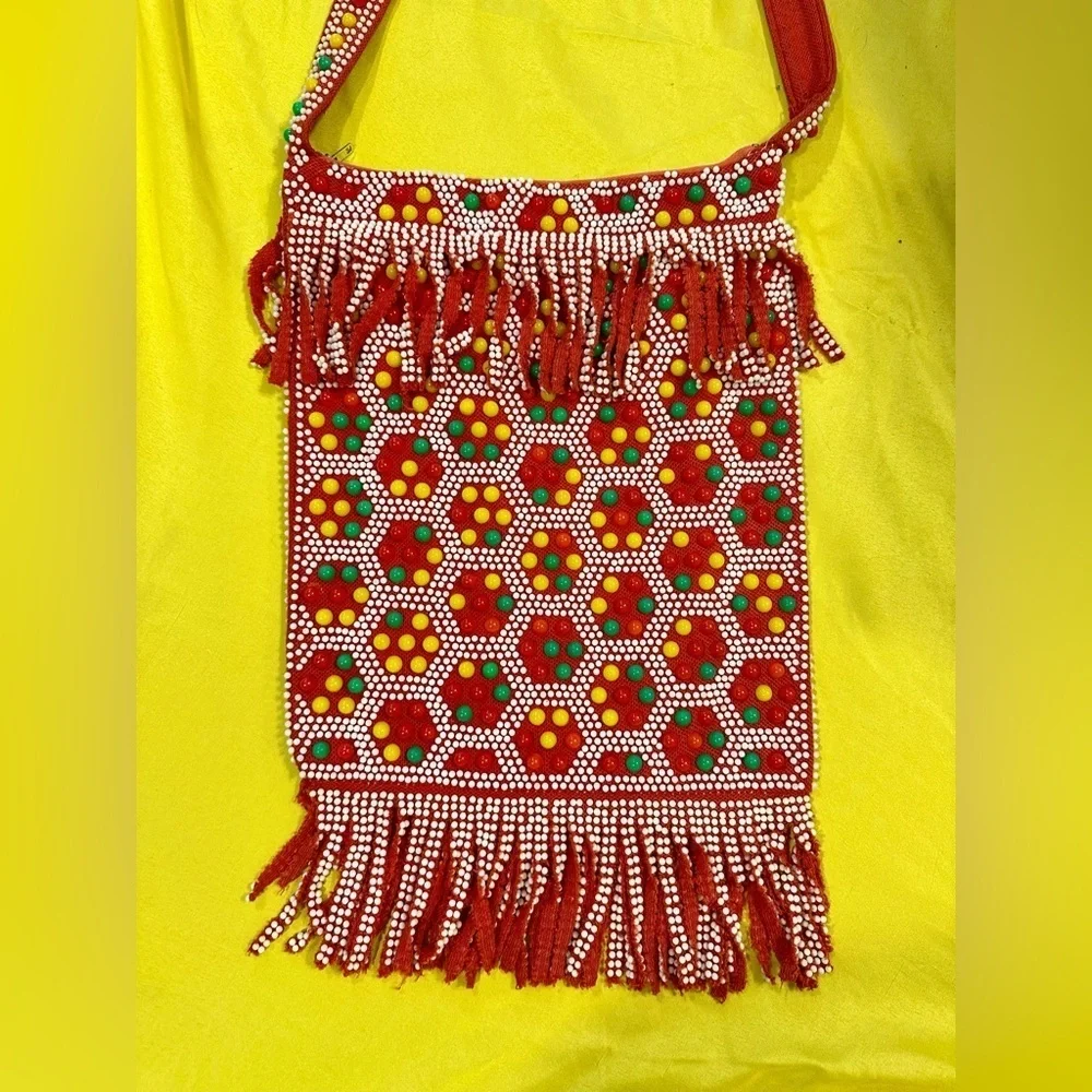 Vintage Beaded Fringe Shoulder Bag Crossbody Red Boho Ethnic Festival Purse HK